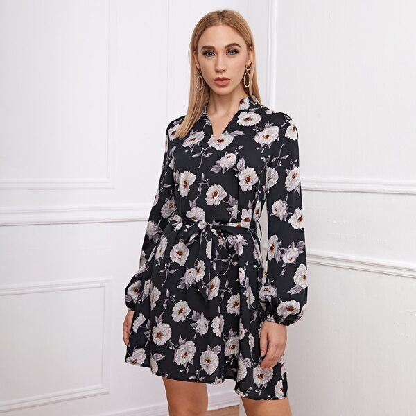 

Allover Floral Notched Neck Belted Dress, Black