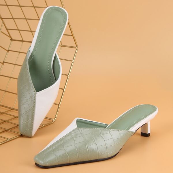 

Two Tone Mid Heeled Mules, Green