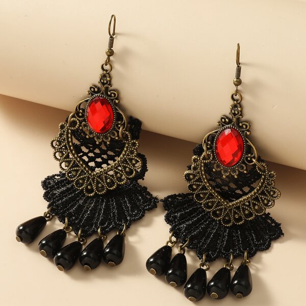 

Bead & Gemstone Drop Vintage Earrings, Red
