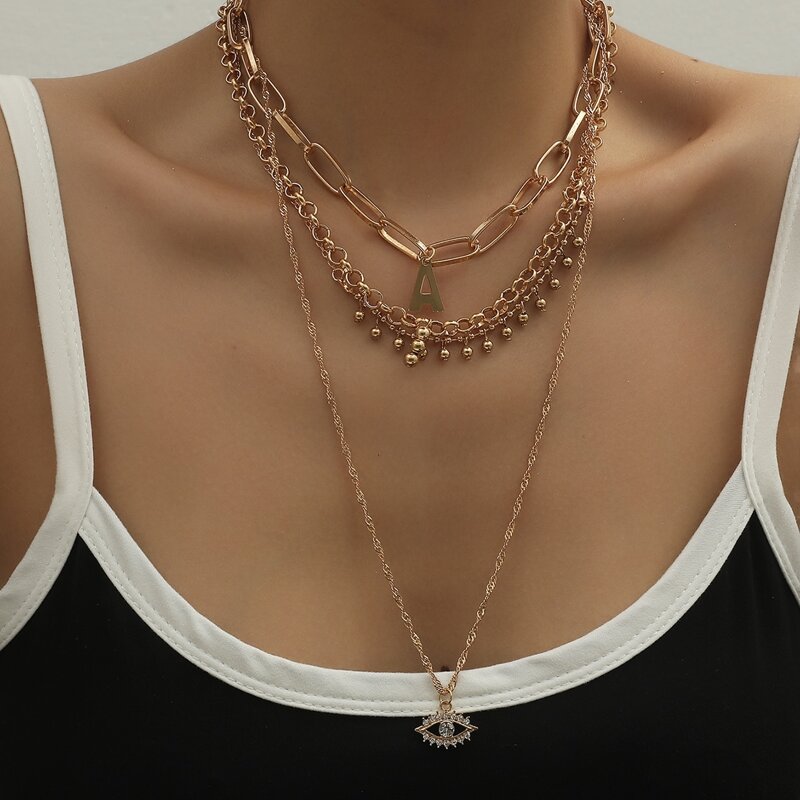 

Letter & Eye Pendant Layered Necklace, Gold