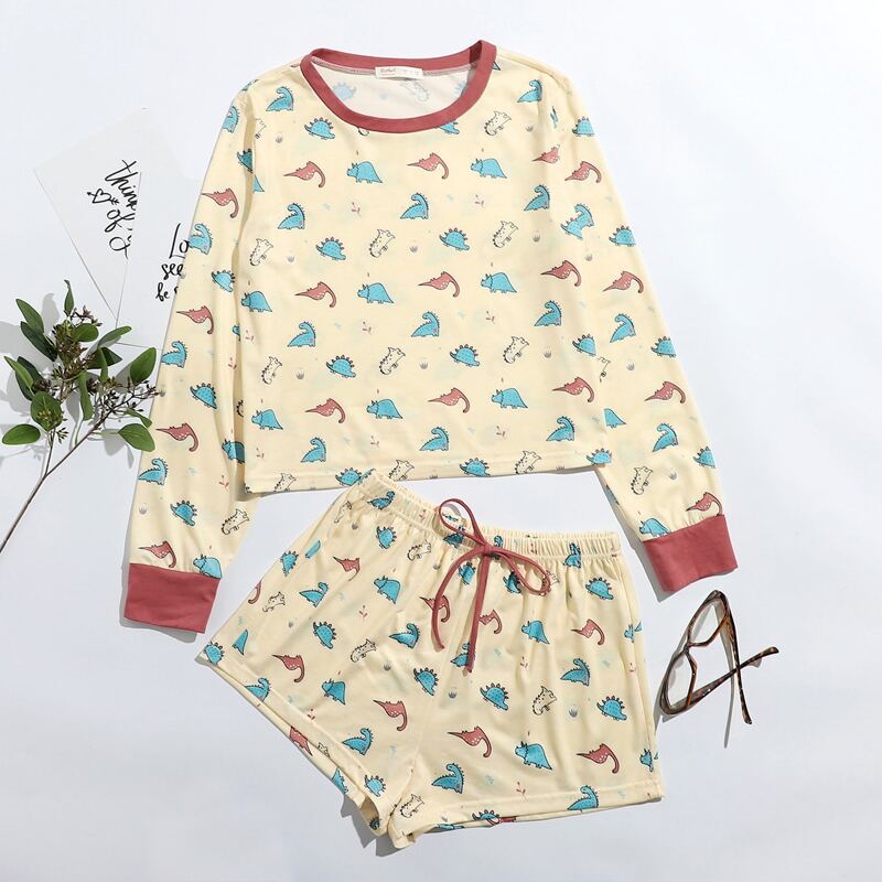 

Dinosaur Print Tie Front Shorts PJ Set, Multicolor