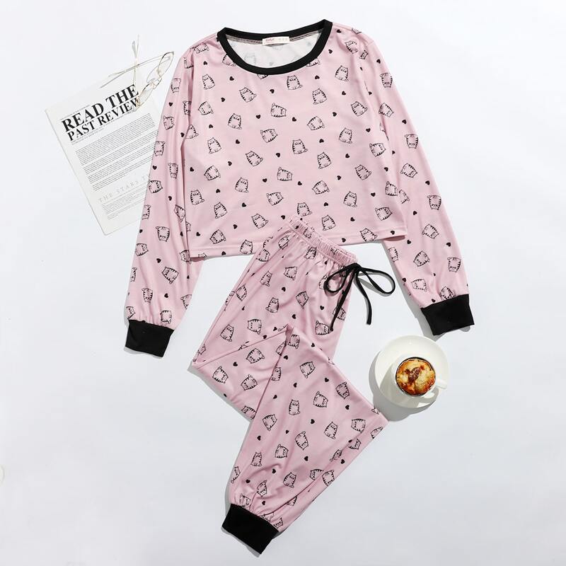 

Cat & Heart Print Drawstring Waist PJ Set, Baby pink
