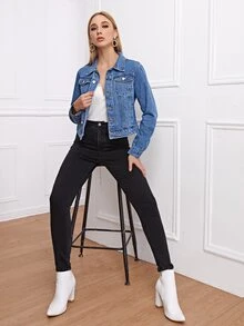 Chaqueta mezclilla con bolsillo con solapa con botón delantero - Azul lavado medio - Ver 3