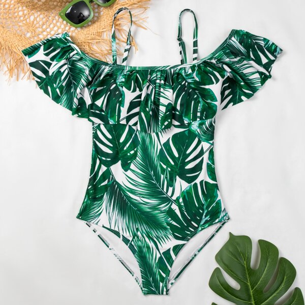 

Tropical Flounce One Piece Swimsuit, Green