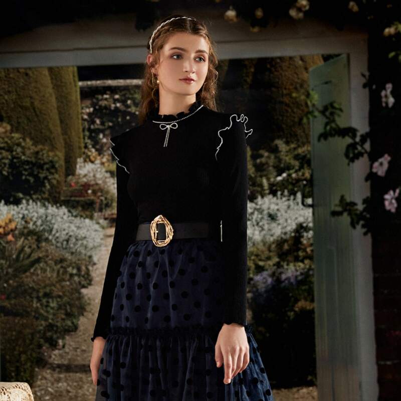 

Rhinestone Bow Front Frill Neck Tee, Black