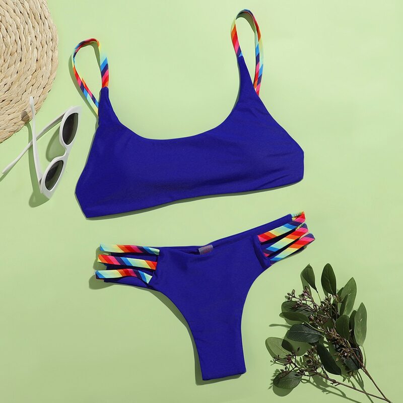 

Rainbow Stripe Ladder Cut-out Bikini Swimsuit, Royal blue