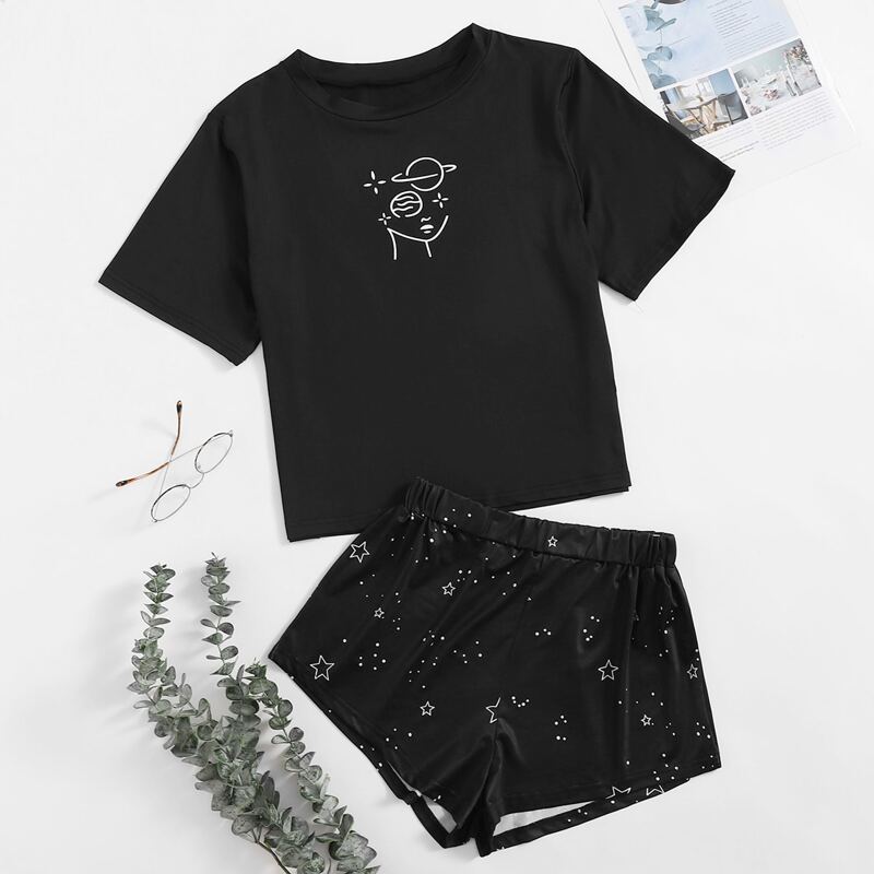 

Galaxy And Abstract Figure Print Pajama Set, Black
