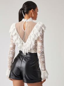 SHEIN Dot Mesh Insert Ruffle Trim Lace Top - White - View 2