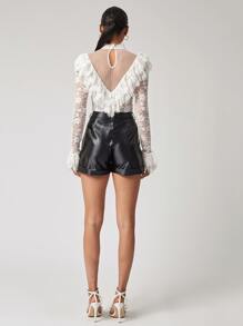 SHEIN Dot Mesh Insert Ruffle Trim Lace Top - White - View 5