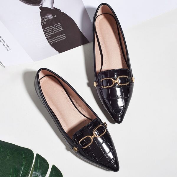 

Point Toe Croc Embossed Loafers, Black