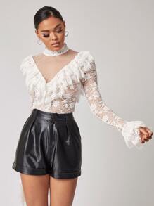 SHEIN Dot Mesh Insert Ruffle Trim Lace Top - White - View 7