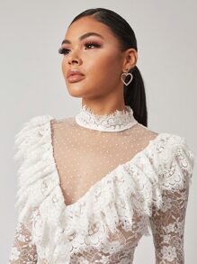 SHEIN Dot Mesh Insert Ruffle Trim Lace Top - White - View 8