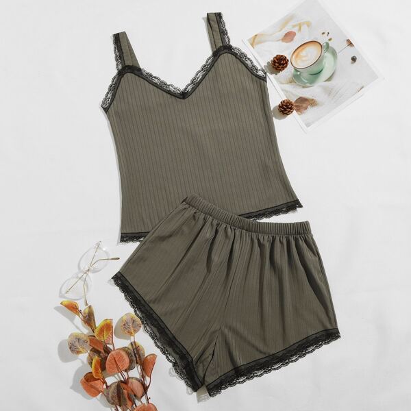 

Contrast Lace Rib-Kit Pajama Set, Mocha brown