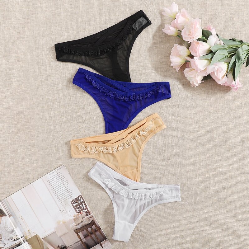 

4pack Lace Trim Crisscross Thong Set, Multicolor