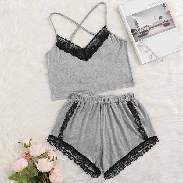 

Contrast Lace Criss Cross Back Pajama Set, Light grey