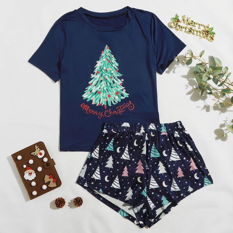 

Christmas Slogan And Cartoon Graphic PJ Set, Navy blue
