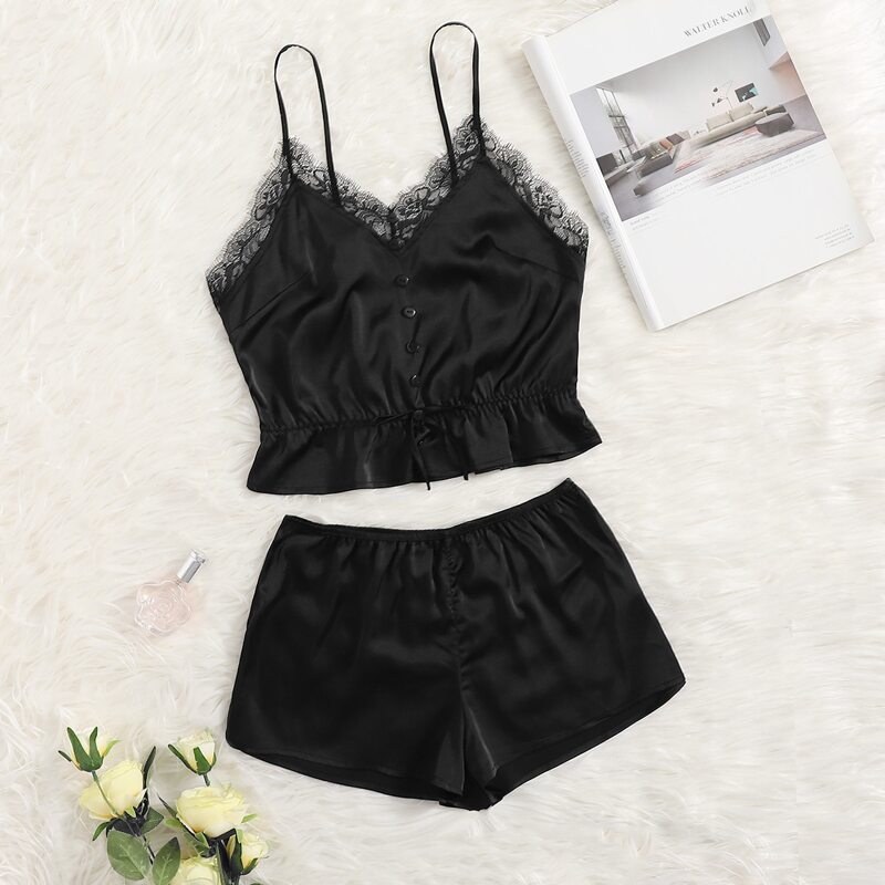 

Button Front Lace Trim Satin Cami Top & Shorts PJ Set, Black