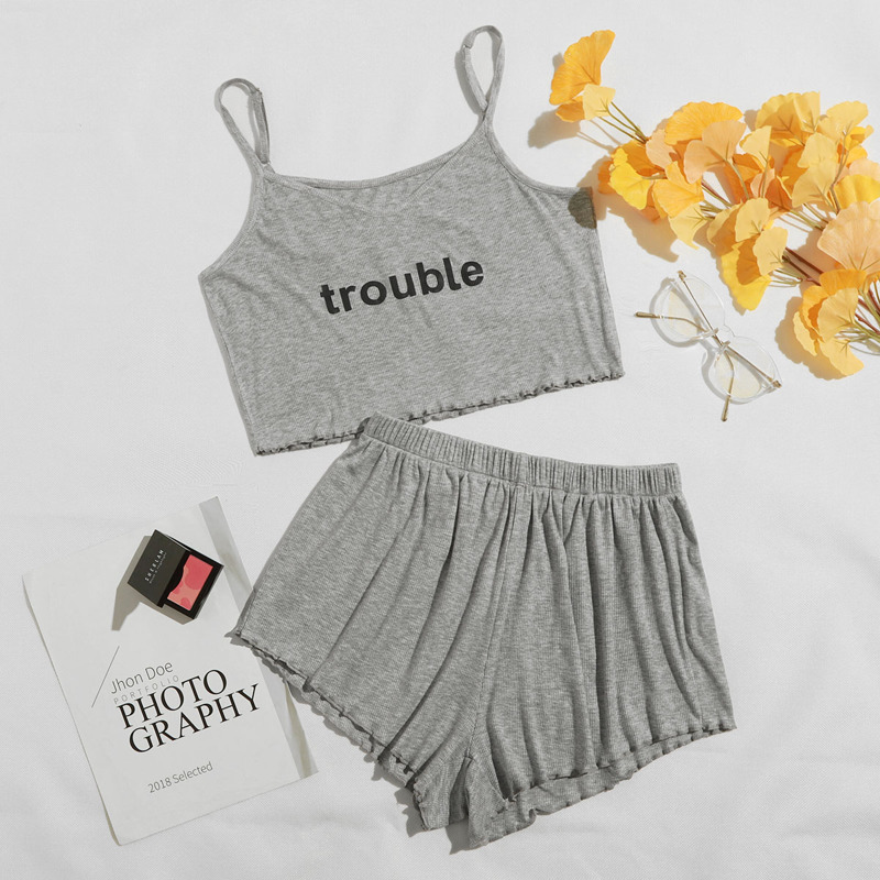 

Letter Graphic Lettuce Trim Cami PJ Set, Grey
