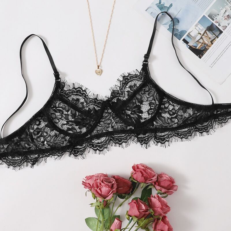 

Eyelash Floral Lace Underwire Bra, Black