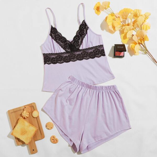

Contrast Lace Cami PJ Set, Lilac purple