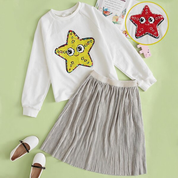 

Girls Change Color Starfish Sequin Patch Pullover & Pleated Skirt Set, Multicolor