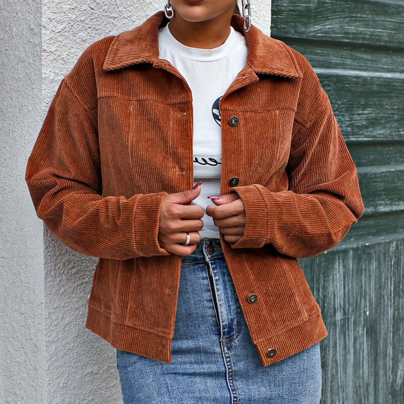 

Single Breasted Drop Shoulder Corduroy Jacket, Rust brown