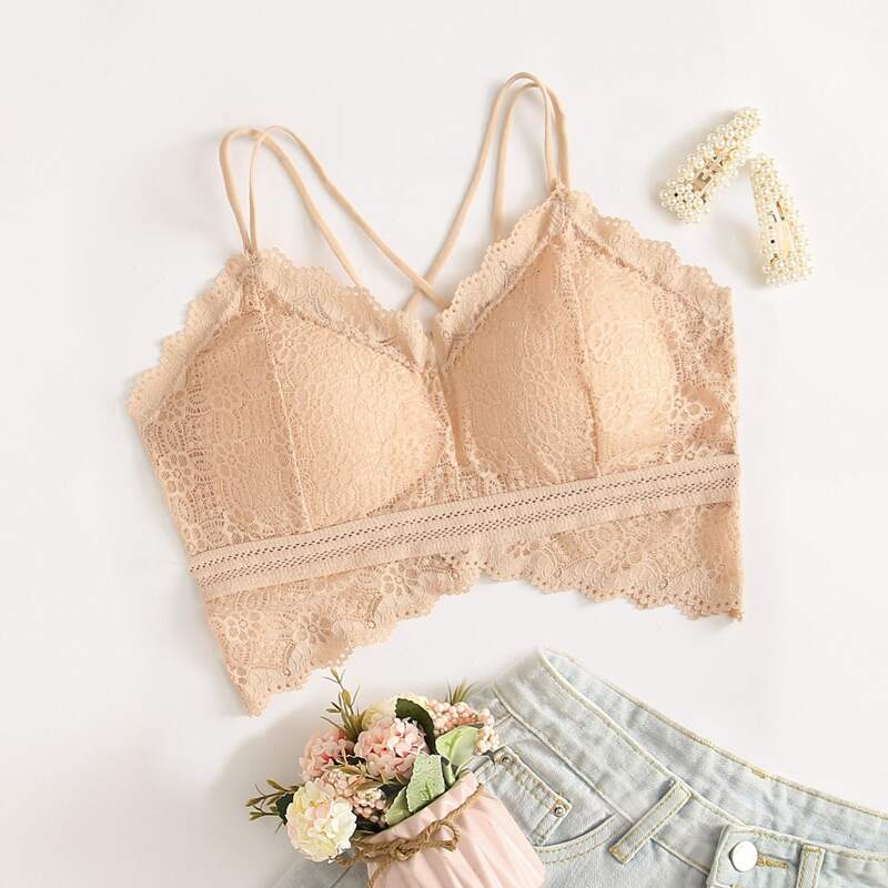 

Floral Lace Crisscross Back Bralette, Apricot