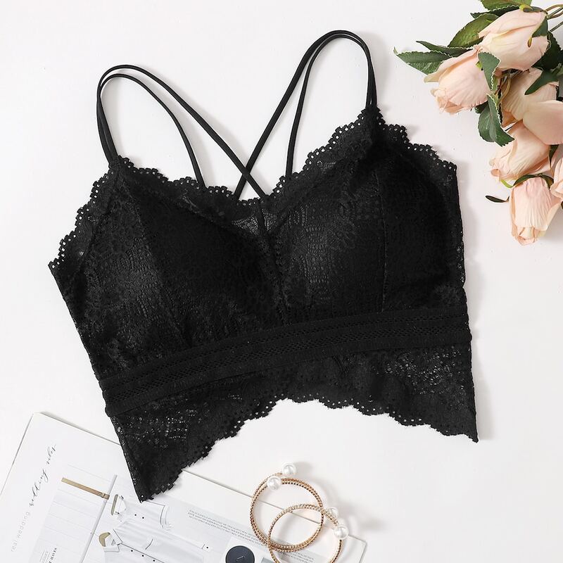 

Floral Lace Crisscross Back Bralette, Black