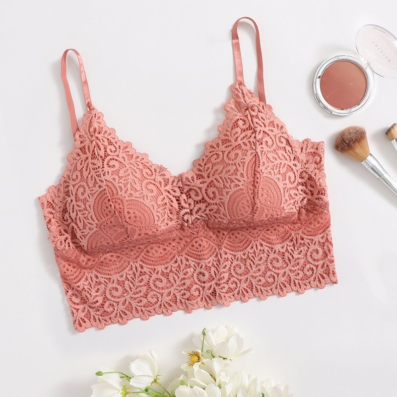 

Floral Lace Longline Bralette, Coral pink
