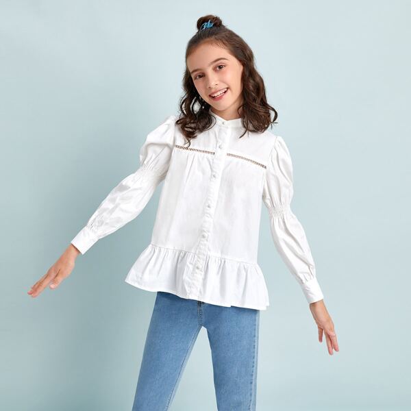 

Girls Shirred Panel Lantern Sleeve Ruffle Hem Blouse, White