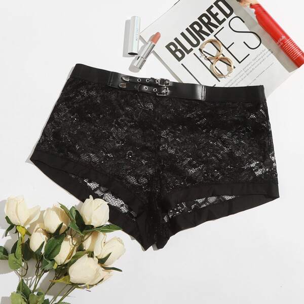

Plus Floral Lace Buckle Front Panty, Black