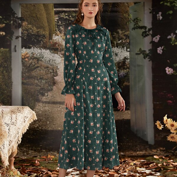 

Floral Print Flounce Sleeve A-line Dress, Dark green