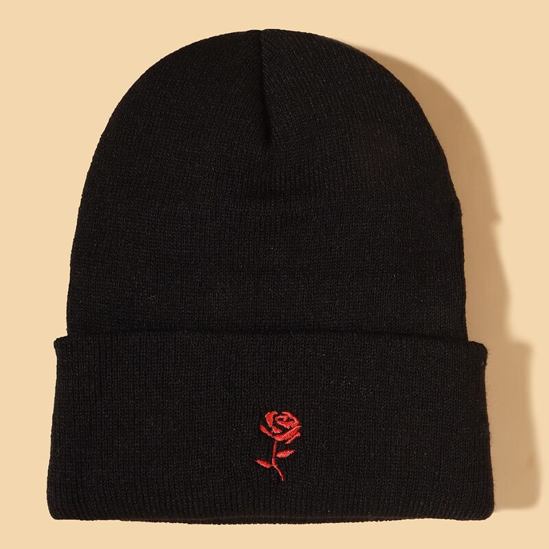 

Flower Embroidered Beanie, Black
