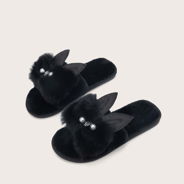 

Faux Pearl & Ear Decor Fluffy Slippers, Black