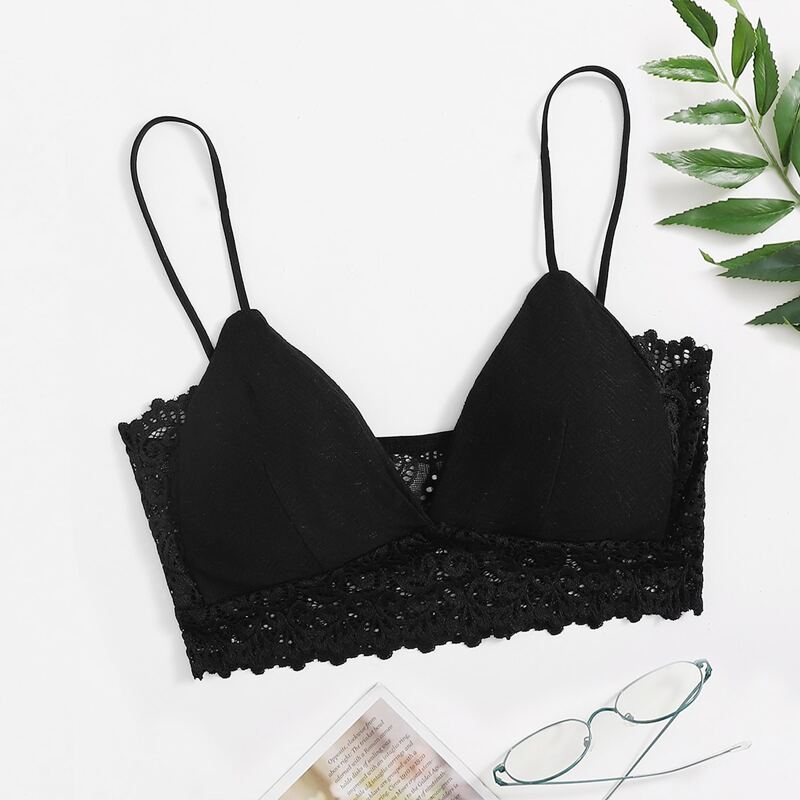 

Contrast Lace Triangle Bralette, Black