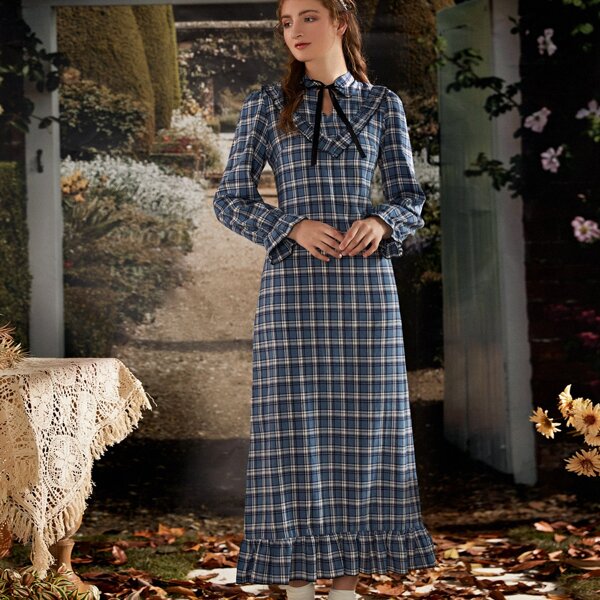 

Tie Neck Ruffle Hem Plaid Dress, Dusty blue