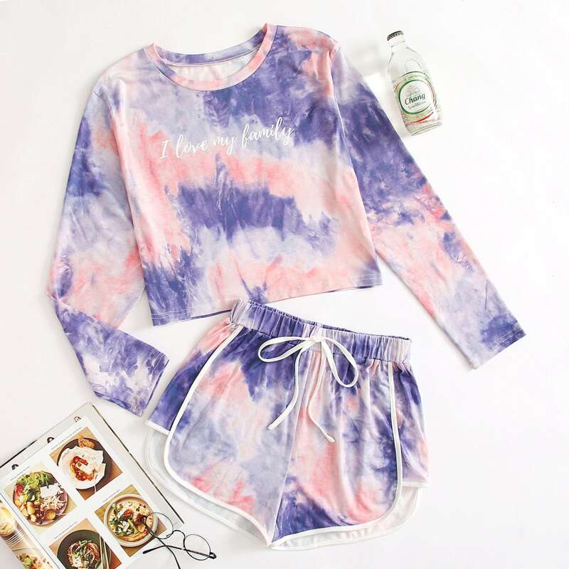 

Slogan Graphic Tie Dye PJ Set, Multicolor