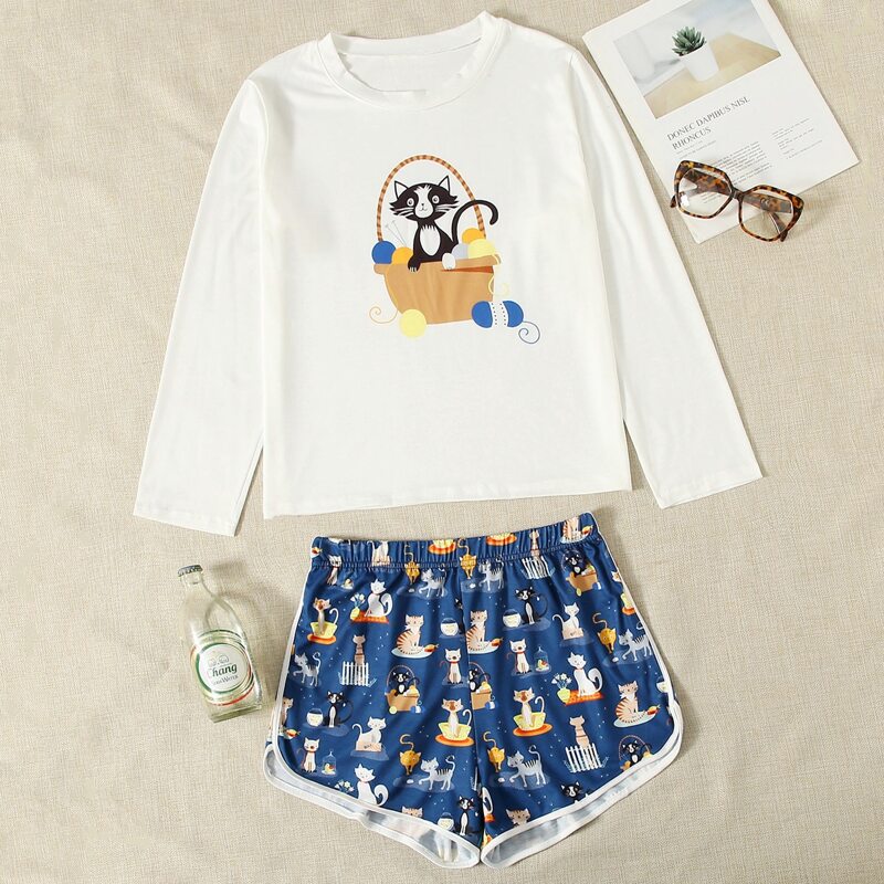 

Cat Print Tee & Shorts PJ Set, Multicolor
