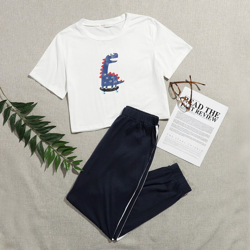 

Cartoon Graphic Tee & Striped Side Sweatpants, Multicolor
