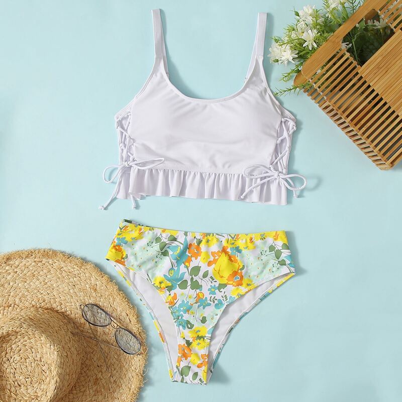 

Floral Ruffle Hem Lace-up Bikini Swimsuit, Multicolor