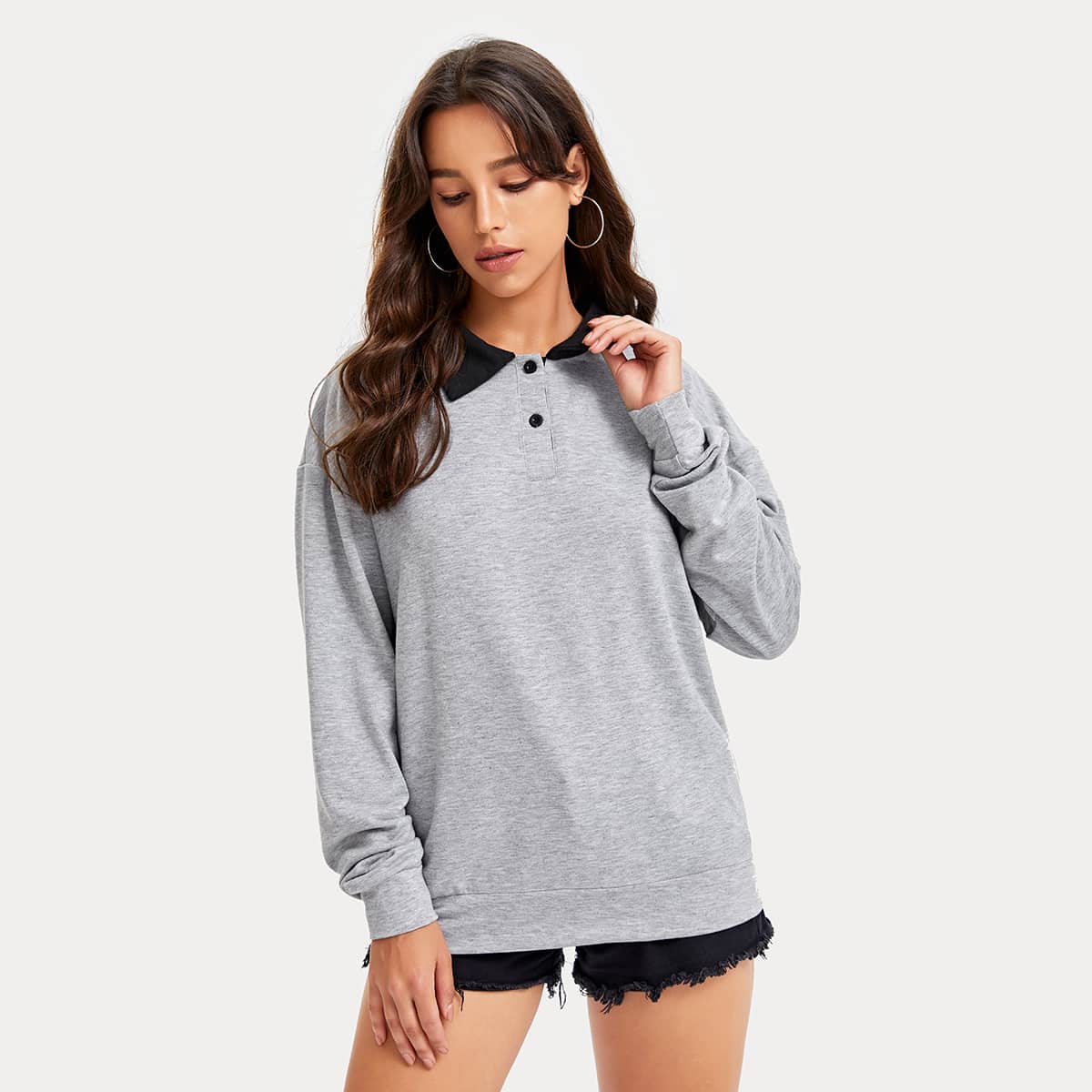 

Drop Shoulder Polo Sweatshirt, Light grey