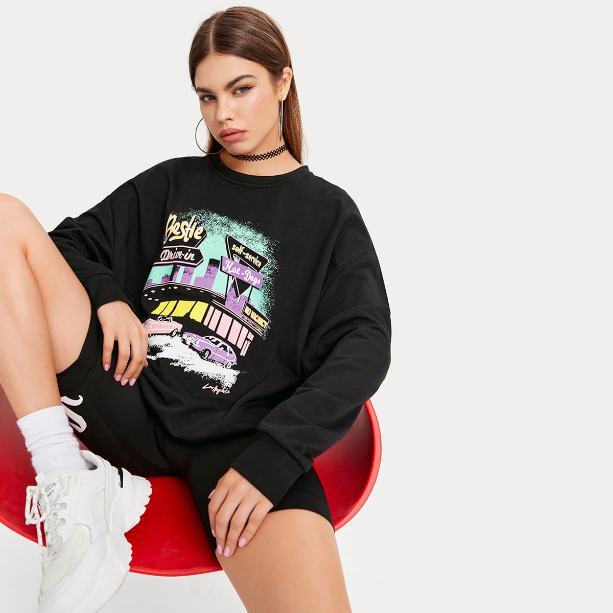 

Car & Letter Graphic Oversized Sweatshirt, Black