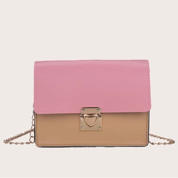

Two Tone Push Lock Flap Chain Bag, Pink