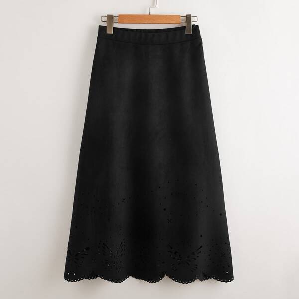 

Laser Cut Out Suede Skirt, Black