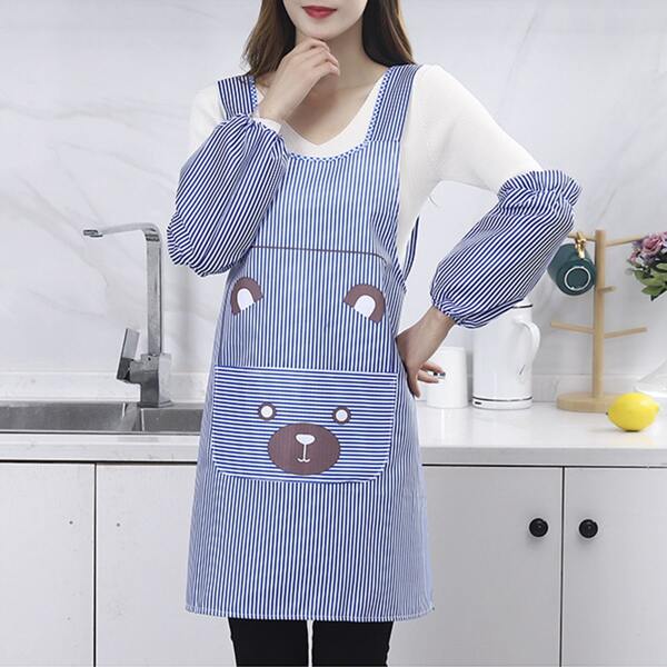 

1pc Cartoon Bear Pattern Apron With Sleeve Cover, Blue