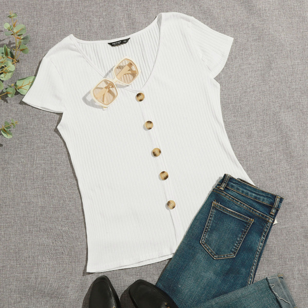 

Plus Rib-knit Button Front Tee, White