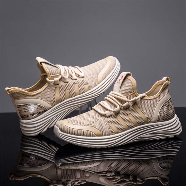 

Men Lace Up Decor Letter Graphic Knit Sneakers, Beige