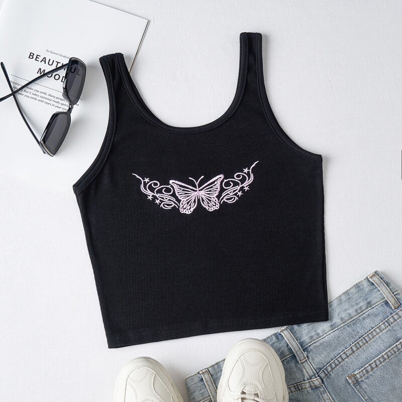 

Butterfly Embroidery Ribbed Tank Top, Black