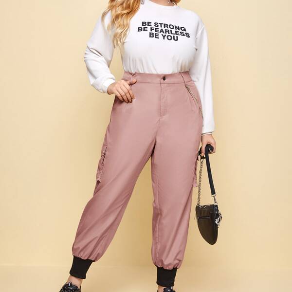 

Plus Flap Pockets Chain Detail Cargo Pants, Dusty pink