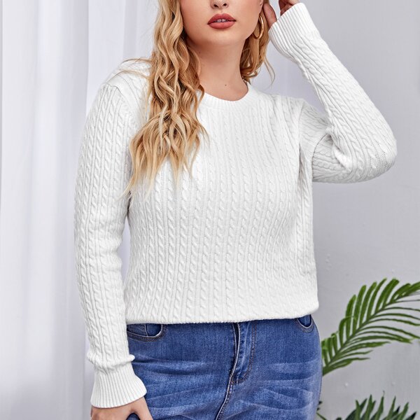 

Plus Cable Knit Solid Sweater, White